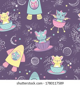 Childish seamless pattern with alien cats. Trendy baby texture.