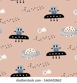 Childish seamless pattern with alien in a flying saucer, planets and stars. Space background. Great for fabric, textile Vector Illustration