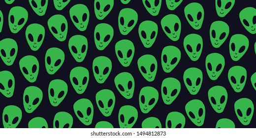 Childish seamless pattern with aliens faces ufo. Sci-fi pattern on dark background. Hand drawn doodle style. Alien pattern, kids pattern in doodle hand drawn style. 90s. - Vector