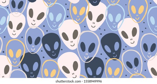 Childish seamless pattern with aliens faces ufo. Sci-fi pattern on blue background for baby boy. Hand drawn doodle style. Alien pattern, kids pattern in doodle hand drawn style. 90s.