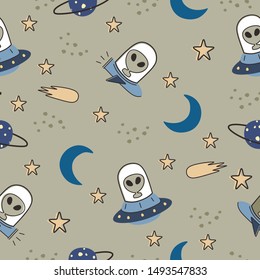 Childish seamless pattern with aliens, ufo in space cosmos cute illustration vector scandinavian style