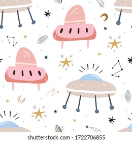 Childish seamless pattern with aliens, ufo in cosmos. Perfect for kids apparel,fabric, textile, nursery decoration,wrapping paper