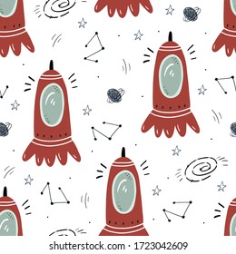Childish seamless pattern with aliens, ufo in cosmos. Perfect for kids apparel,fabric, textile, nursery decoration,wrapping paper