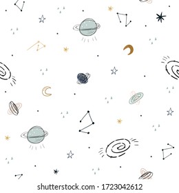 Childish seamless pattern with aliens, ufo in cosmos. Perfect for kids apparel,fabric, textile, nursery decoration,wrapping paper