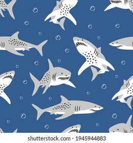 Childish seamless pattern with angry shark. Creative texture for fabric, textile