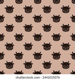 Childish seamless pattern animal bull on light background. Vector illustration for kid. Pattern suitable for posters, postcards, fabric or wrapping paper.