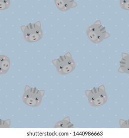 Childish seamless pattern animal cat kitten on grey background with dots. Vector illustration for kid. Pattern suitable for posters, postcards, fabric or wrapping paper.