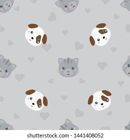 Childish seamless pattern animal cat and dog on grey background with love. Vector illustration for kid. Pattern suitable for posters, postcards, fabric or wrapping paper.