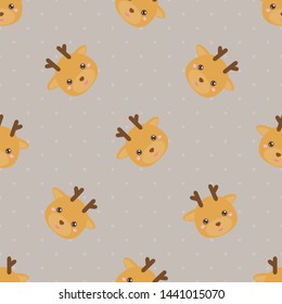Childish seamless pattern animal deer on light background with dots. Vector illustration for kid. Pattern suitable for posters, postcards, fabric or wrapping paper.