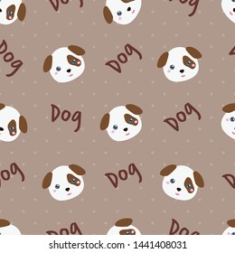 Childish seamless pattern animal dog and text on brown background with dots. Vector illustration for kid. Pattern suitable for posters, postcards, fabric or wrapping paper.