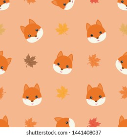 Childish seamless pattern animal fox and maple leaves on oranges background. Vector illustration for kid. Pattern suitable for posters, postcards, fabric or wrapping paper.