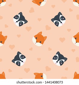 Childish seamless pattern animal fox and raccoon on orange background with love. Vector illustration for kid. Pattern suitable for posters, postcards, fabric or wrapping paper.