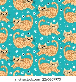 Childish seamless pattern with animal ginger cats. Hand drawn cartoon striped pets. Cute baby fabric prints. Repeat wallpaper with charming kittens, paw. Green emerald background. Vector illustration.