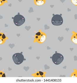 Childish seamless pattern animal giraffe and hippo on grey background with love. Vector illustration for kid. Pattern suitable for posters, postcards, fabric or wrapping paper.