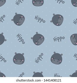Childish seamless pattern animal hippo and text on light background with dots. Vector illustration for kid. Pattern suitable for posters, postcards, fabric or wrapping paper.