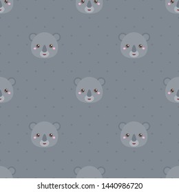 Childish seamless pattern animal koala on grey background with dots. Vector illustration for kid. Pattern suitable for posters, postcards, fabric or wrapping paper.
