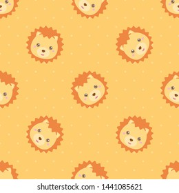 Childish seamless pattern animal lion on oranges background with dots. Vector illustration for kid. Pattern suitable for posters, postcards, fabric or wrapping paper.