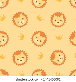Childish seamless pattern animal lion king crown on orange background. Vector illustration for kid. Pattern suitable for posters, postcards, fabric or wrapping paper.