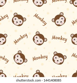 Childish seamless pattern animal monkey and text on light background with dots. Vector illustration for kid. Pattern suitable for posters, postcards, fabric or wrapping paper.