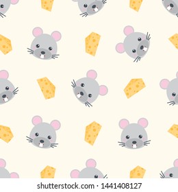 Childish seamless pattern animal mouse and cheese on light background. Vector illustration for kid. Pattern suitable for posters, postcards, fabric or wrapping paper.