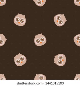 Childish seamless pattern animal owl on brown background with dots. Vector illustration for kid. Pattern suitable for posters, postcards, fabric or wrapping paper.