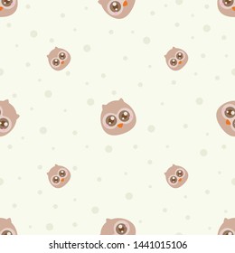 Childish seamless pattern animal owl on light background with dots. Vector illustration for kid. Pattern suitable for posters, postcards, fabric or wrapping paper.