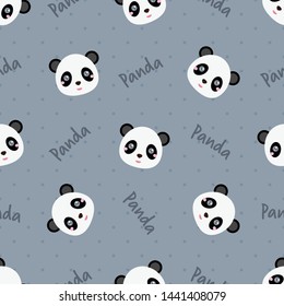 Childish seamless pattern animal panda and text on grey background with dots. Vector illustration for kid. Pattern suitable for posters, postcards, fabric or wrapping paper.