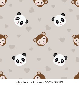 Childish seamless pattern animal panda and monkey on brown background with love. Vector illustration for kid. Pattern suitable for posters, postcards, fabric or wrapping paper.
