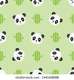 Childish seamless pattern animal panda and bamboo on green background. Vector illustration for kid. Pattern suitable for posters, postcards, fabric or wrapping paper.