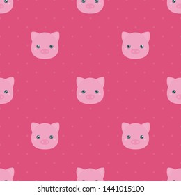 Childish seamless pattern animal pig on pink background with dots. Vector illustration for kid. Pattern suitable for posters, postcards, fabric or wrapping paper.