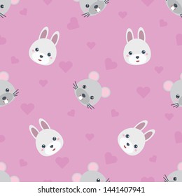 Childish seamless pattern animal rabbit and mouse on pink background with love. Vector illustration for kid. Pattern suitable for posters, postcards, fabric or wrapping paper.