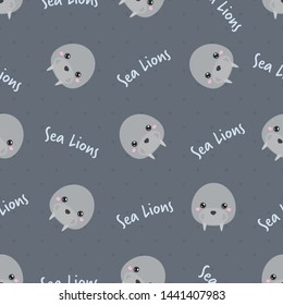 Childish seamless pattern animal sea lions with text on grey background. Vector illustration for kid. Pattern suitable for posters, postcards, fabric or wrapping paper.