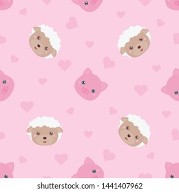 Childish seamless pattern animal sheep and pig on pink background with love. Vector illustration for kid. Pattern suitable for posters, postcards, fabric or wrapping paper.