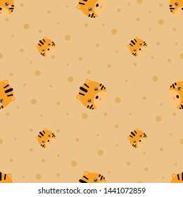 Childish seamless pattern animal tiger on orange background with dots. Vector illustration for kid. Pattern suitable for posters, postcards, fabric or wrapping paper.