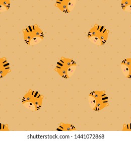 Childish seamless pattern animal tiger on orange background with dots. Vector illustration for kid. Pattern suitable for posters, postcards, fabric or wrapping paper.