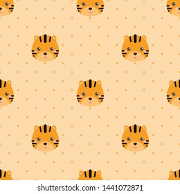 Childish seamless pattern animal tiger on orange background with dots. Vector illustration for kid. Pattern suitable for posters, postcards, fabric or wrapping paper.