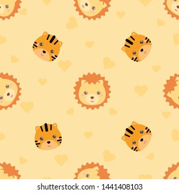 Childish seamless pattern animal tiger and lion on oranges background with love. Vector illustration for kid. Pattern suitable for posters, postcards, fabric or wrapping paper.