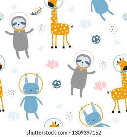 Childish seamless pattern with animals astronauts in space. Cute textile print. Vector hand drawn illustration.