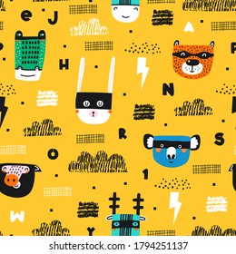 Childish seamless pattern with animals superheroes. Vector texture in childish style great for fabric and textile, wallpapers, wrapping, backgrounds.
