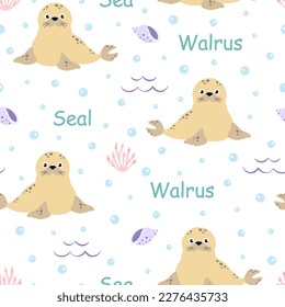 childish seamless pattern with arctic ocean animals on white background, vector illustration of cute cartoon seal or walrus