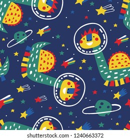 Childish seamless pattern with astronaut dino, stars and planets. Hand drawn overlapping background for your design. Vector childish background for fabric, textile, nursery wallpaper.