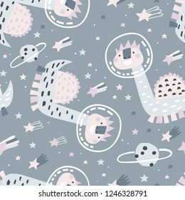 Childish seamless pattern with astronaut dino, stars and planets. Hand drawn overlapping background for your design. Vector childish background for fabric, textile, nursery wallpaper. Pastel colors.