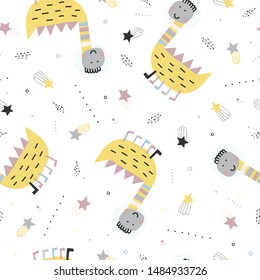 Childish seamless pattern with astronaut dino, stars and comets. Hand drawn overlapping background for your design. Vector childish background for fabric, textile, nursery wallpaper.