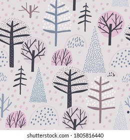 Childish seamless pattern with autumn forest. Creative childish texture for fabric, wrapping, textile, wallpaper, apparel. Vector illustration.