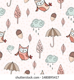 Childish seamless pattern with autumnal design and hand drawn elements