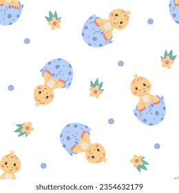 Childish seamless pattern with baby dinosaurs in eggs. Cute animals, colorful cartoon vector illustration for kids decor and textiles.