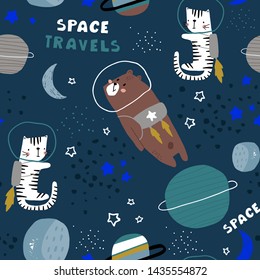 Childish seamless pattern with bear and cat in cosmos. Trendy scandinavian vector background. Perfect for kids apparel,fabric, textile, nursery decoration,wrapping paper