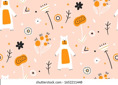 Diseño infantil sin costuras con osos, flores y plantas. Patrón de niños escandinavos. Fondo floral de primavera.