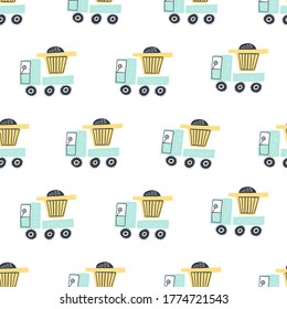 Childish seamless pattern with big truck. Good for kids fabric, textile, nursery wallpaper. Seamless city landscape. 