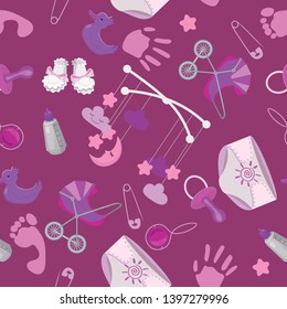 Childish seamless pattern to the birth of a girl. Set of infant icons in seamless pattern. Print for paper, cloth, scrabbooking and more. Vector set.